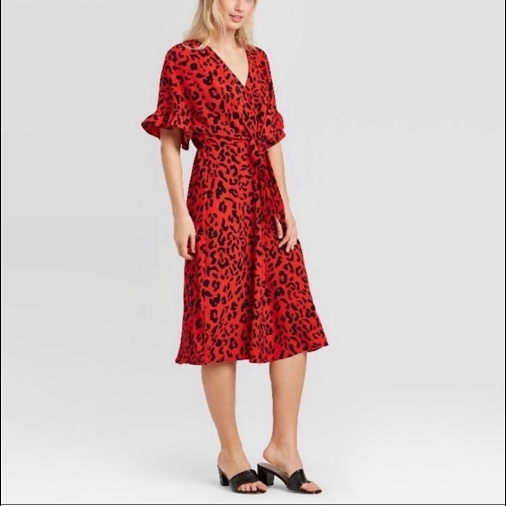 Who What Wear Flutter Elbow Sleeve Animal Print Dress - Picture 2 of 7
